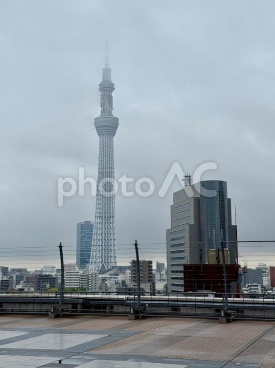 雨の日の浅草周辺の景色 隅田川,雨,雨雲の写真素材