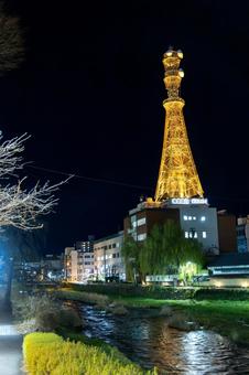 中津川と岩手テレビ塔のライトアップ 中津川と岩手テレビ塔のライトアップの写真