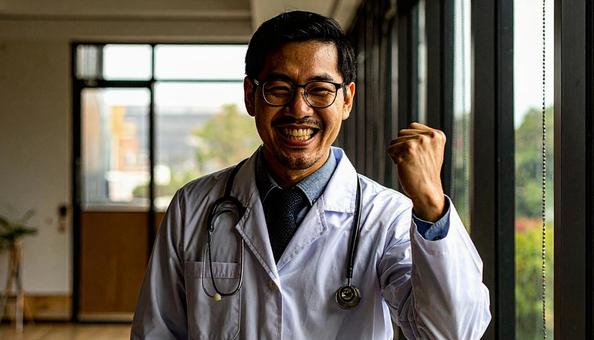 ガッツポーズをする日本人の男性医師 ガッツポーズをする日本人の男性医師の写真