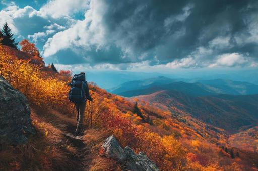 秋色の山を登るハイカー 秋色の山を登るハイカーの写真