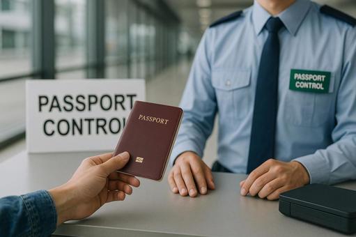 空港の入国審査でパスポートを提示 空港の入国審査でパスポートを提示の写真
