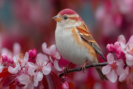 色鮮やかな羽毛の小鳥と満開の桜 色鮮やかな羽毛の小鳥と満開の桜の写真