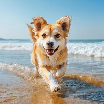 砂浜を楽しそうに走り回る犬 砂浜を楽しそうに走り回る犬の写真