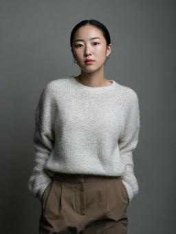 白いニットを着た若いモデル 白いニットを着た若いモデルの写真