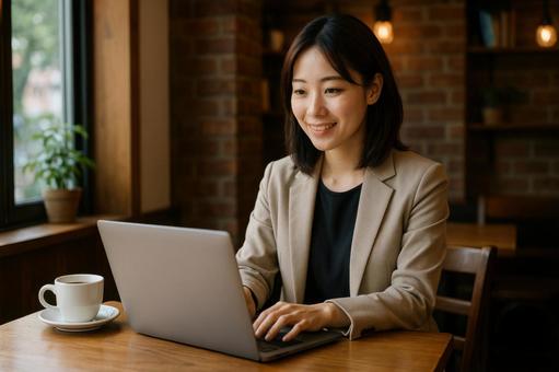 カフェで仕事する女性 カフェで仕事する女性の写真