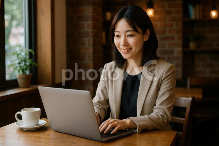カフェで仕事する女性 女性,日本,カフェの写真素材