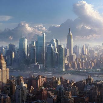 朝焼けに染まる都市の高層ビル群の写真