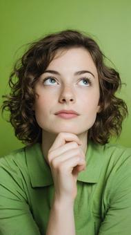 緑の背景で考え込む若い女性 緑の背景で考え込む若い女性の写真