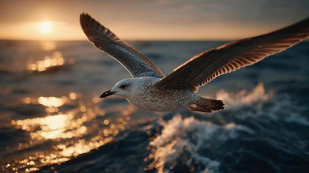夕焼けの海を飛ぶカモメの雄大な姿 夕焼けの海を飛ぶカモメの雄大な姿の写真