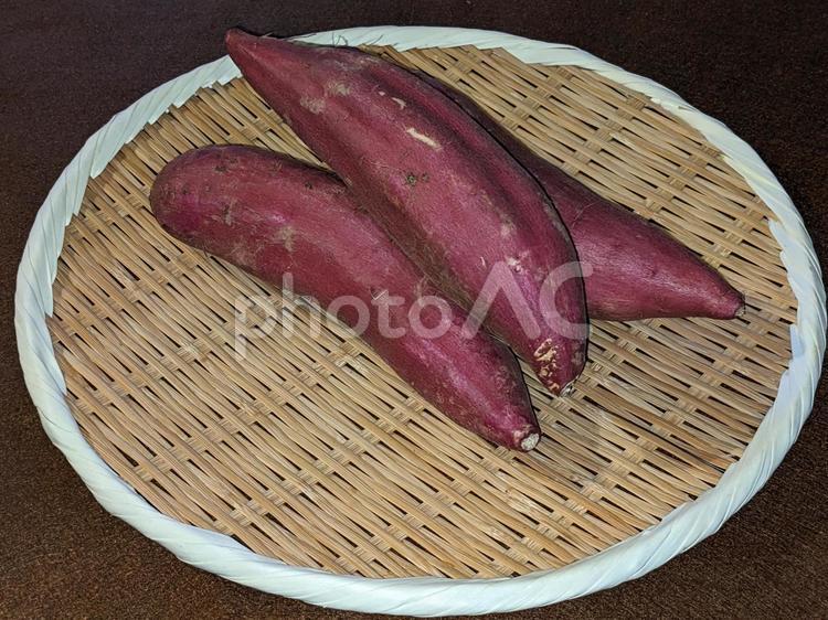 丸盆ざるに載ったサツマイモ さつま芋,薩摩芋,根菜の写真素材