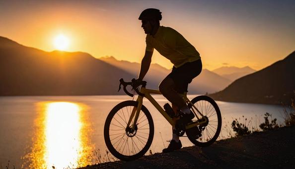 山と湖を背景にサイクリングする男性の写真