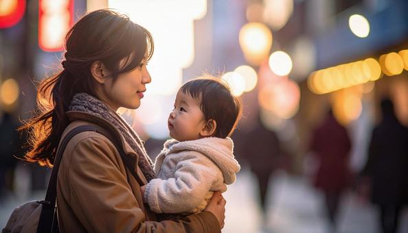 子供を抱っこして歩くシングルマザー 子供を抱っこして歩くシングルマザーの写真