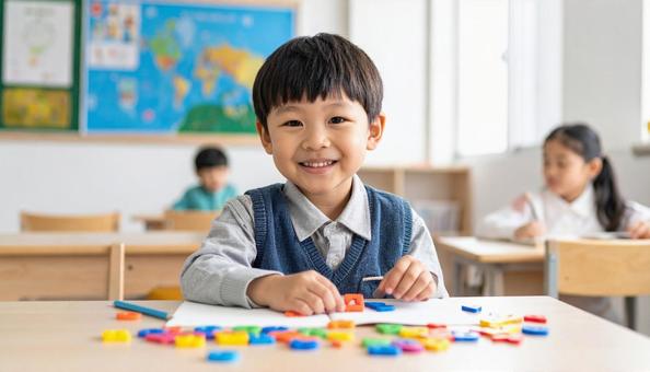 アルファベットおもちゃで勉強する男の子 アルファベットおもちゃで勉強する男の子の写真