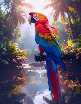 ジャングルの奥地に佇むコンゴウインコ ジャングルの奥地に佇むコンゴウインコの写真