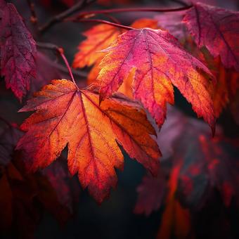 暗闇に浮かぶ鮮やかな紅葉の背景 暗闇に浮かぶ鮮やかな紅葉の背景の写真