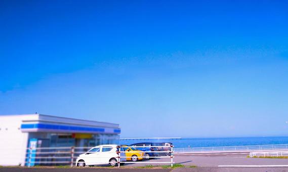 Photo, convenience store, sea, parking lot, 