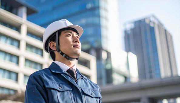 高層ビルの斜め上を見つめる若い作業服男性 高層ビルの斜め上を見つめる若い作業服男性の写真
