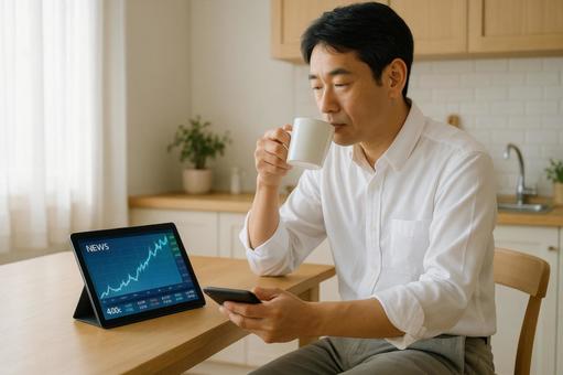 朝のニュースを見ながらコーヒーを飲む男性 朝のニュースを見ながらコーヒーを飲む男性の写真