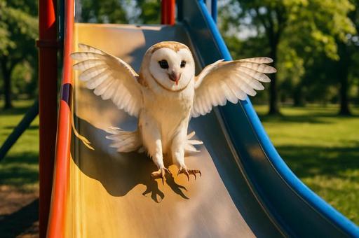 公園の滑り台で遊ぶメンフクロウ 公園の滑り台で遊ぶメンフクロウの写真