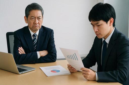 厳しい視線の上司と部下 厳しい視線の上司と部下の写真
