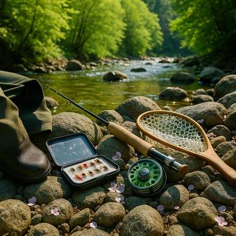 新緑の渓流釣り具の写真