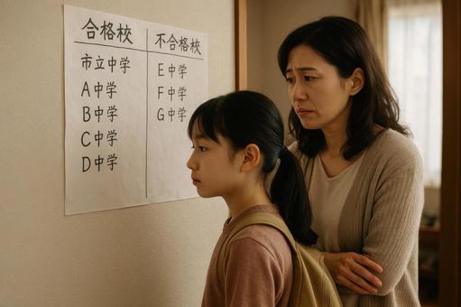 合格校と不合格校の一覧表を見る親子の写真