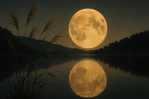 湖面に映る満月とススキの影 湖面に映る満月とススキの影の写真