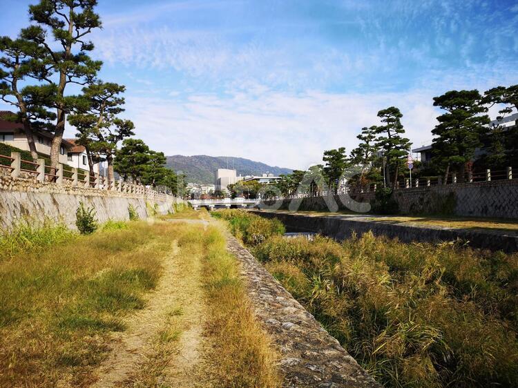 芦屋川 河川敷,川,青空の写真素材