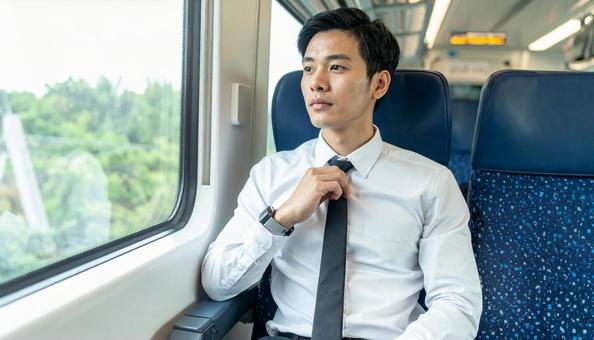 電車内で窓を見ながらネクタイを締める男性 電車内で窓を見ながらネクタイを締める男性の写真