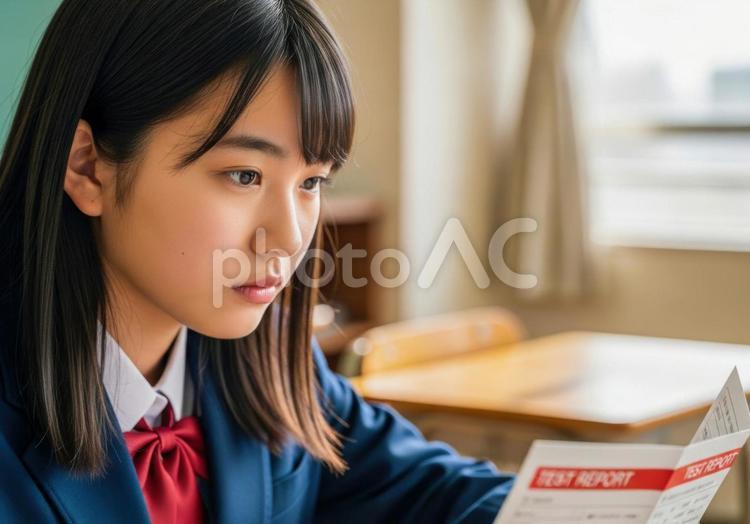 テスト結果を見つめる女子学生 女子学生,高校生,生徒の写真素材