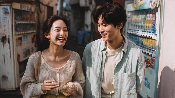 街中で笑顔で会話する若いカップルの写真