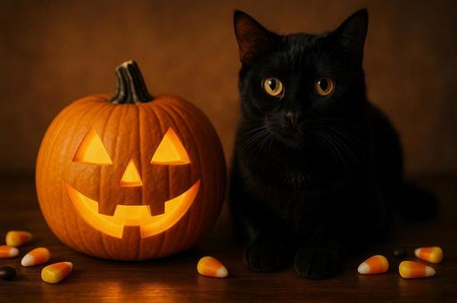黒猫とジャックオーランタンの写真