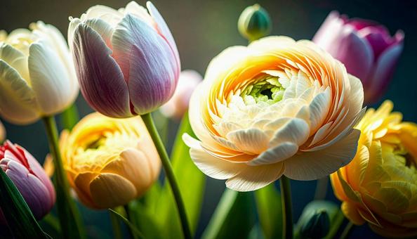 3月誕生花　ラナンキュラスやチューリップの写真