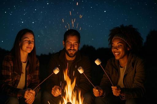 星空の下の焚き火マシュマロ 星空の下の焚き火マシュマロの写真