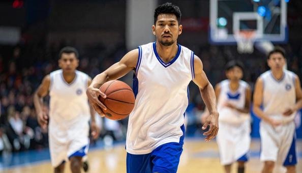 バスケットボールの試合に出る男子選手 バスケットボールの試合に出る男子選手の写真
