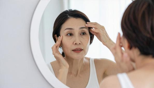 ほうれい線を気にしてほほを触る中年の女性 ほうれい線を気にしてほほを触る中年の女性の写真