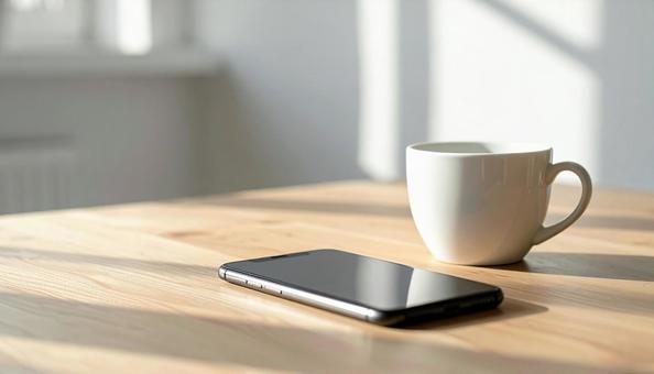 テーブルのコーヒとスマホ テーブルのコーヒとスマホの写真