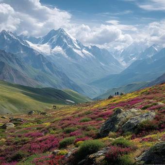 色鮮やかな高山植物と雄大な山々の風景 色鮮やかな高山植物と雄大な山々の風景の写真