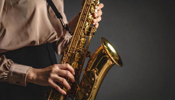 バリトンサックスを演奏する女性 バリトンサックスを演奏する女性の写真