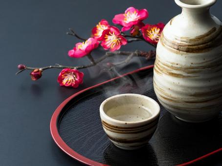 湯気の立つ日本酒と梅の枝の和風イメージ 日本酒,盃,徳利の写真素材