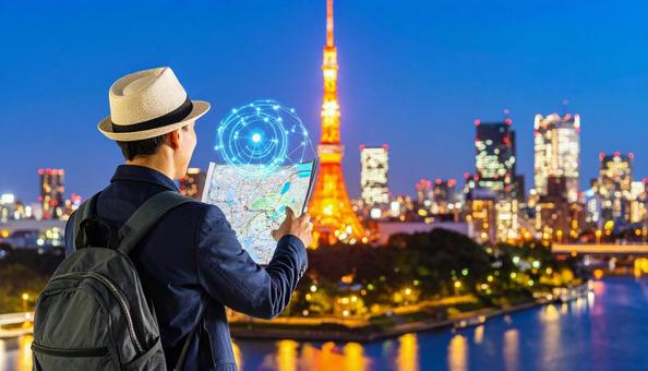 ホログラムの地図を見ながら旅行観光 男性 ホログラムの地図を見ながら旅行観光 男性の写真