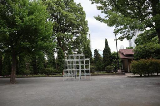 緑の木々とジャングルジムのある公園 緑の木々とジャングルジムのある公園の写真