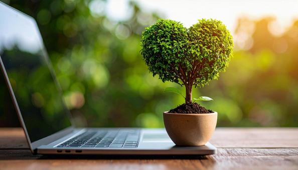 ハート型の小さな木とノートパソコン ハート型の小さな木とノートパソコンの写真