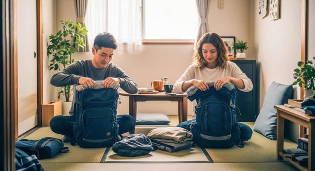 畳の部屋で荷造りするカップルの旅行写真 畳の部屋で荷造りするカップルの旅行写真の写真