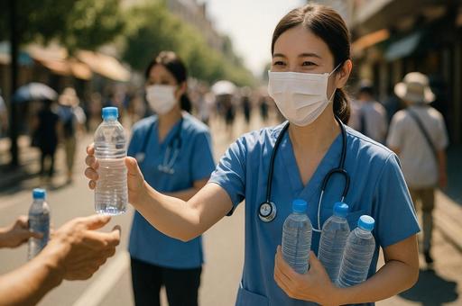 医療従事者の水配布活動 医療従事者の水配布活動の写真