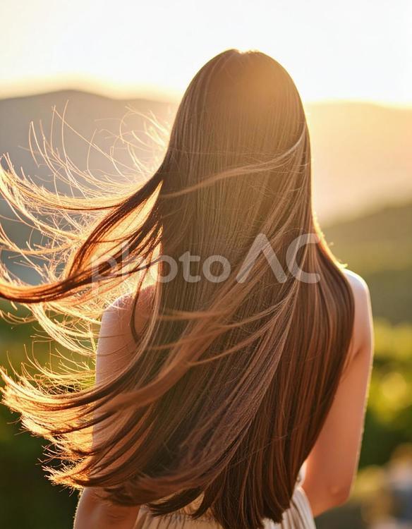 風に揺れるストレートヘアと自然光 ストレートヘア,風,自然光の写真素材
