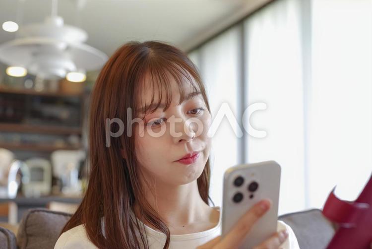 リビングで手帳の予定を確認する女性 ノート,手帳,スケジュール帳の写真素材