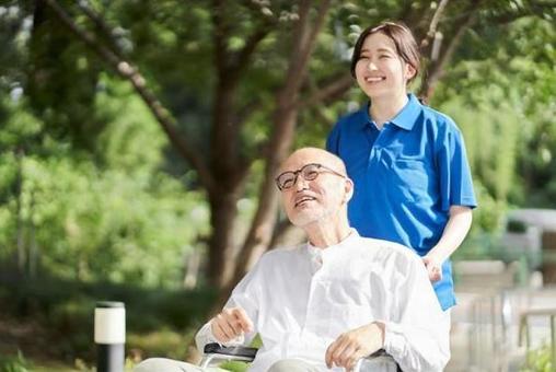 Female caregiver supporting the elderly in wheelchairs, senior citizens, wheelchair, nurses, JPG