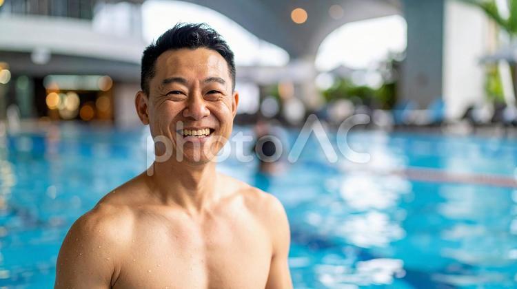 プールサイドで微笑む男性4 男性,笑顔,プールサイドの写真素材