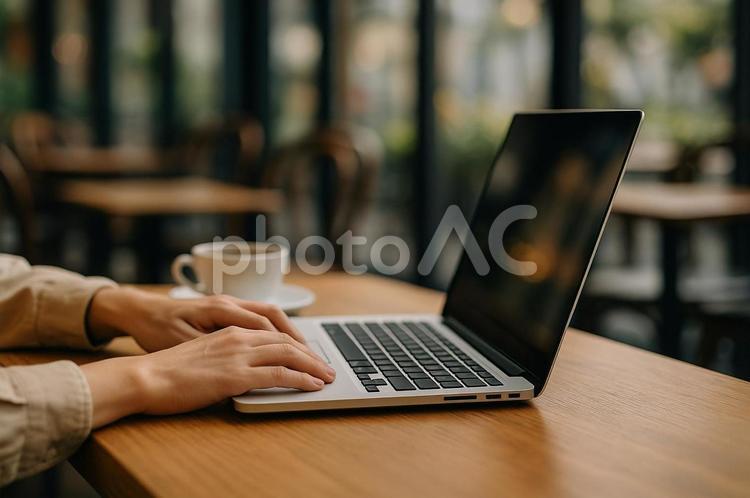 カフェでコーヒーと一緒にPCを操作する ノートパソコン,手元,ビジネスの写真素材
